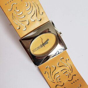 JUST CAVALLI Watch Wide Leather Strap Watch Yellow Cutout Lasercut